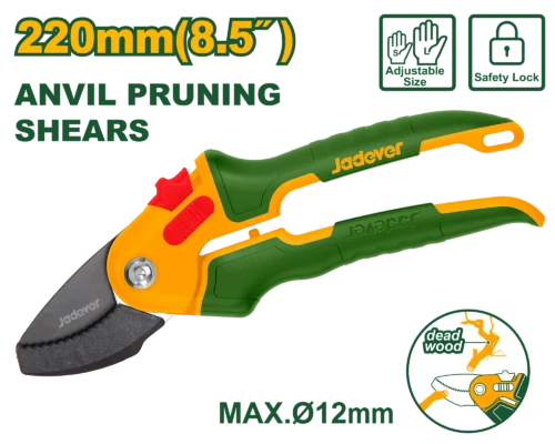 8.5" Anvil Pruning Shears (JDPA1E04) – Entire Metal Frame Garden Cutter 55# Heat-Treated Teflon Coated Carbon Steel Blade with Big/Small Hand Function | JADEVER