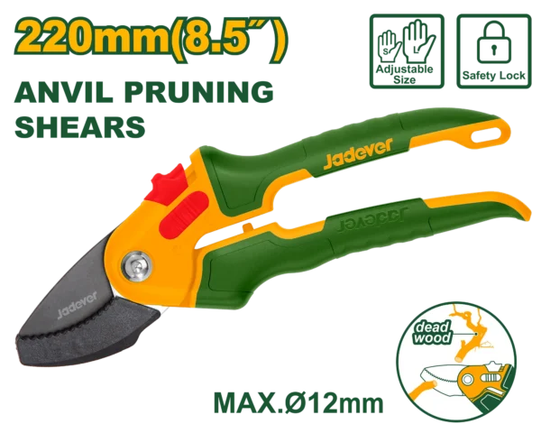 8.5" Anvil Pruning Shears (JDPA1E04) – Entire Metal Frame Garden Cutter 55# Heat-Treated Teflon Coated Carbon Steel Blade with Big/Small Hand Function | JADEVER
