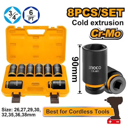 8 Pcs 3/4" Drive Deep Impact Socket Set (HKISSD34082L) – Cr-Mo Heavy-Duty Steel Sockets (26-38mm, 90mm Length) for Heavy Impact Wrenches | INGCO