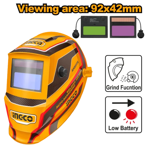Auto-Darkening Welding Helmet (AHM008) – 1/15000s Ultra-Fast Optical Shutter Variable Shade DIN 9-13 Multi-Process Mask for ARC/MIG/TIG | INGCO