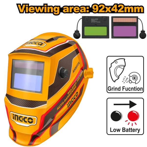 Auto-Darkening Welding Helmet (AHM008) – 1/15000s Ultra-Fast Optical Shutter Variable Shade DIN 9-13 Multi-Process Mask for ARC/MIG/TIG | INGCO