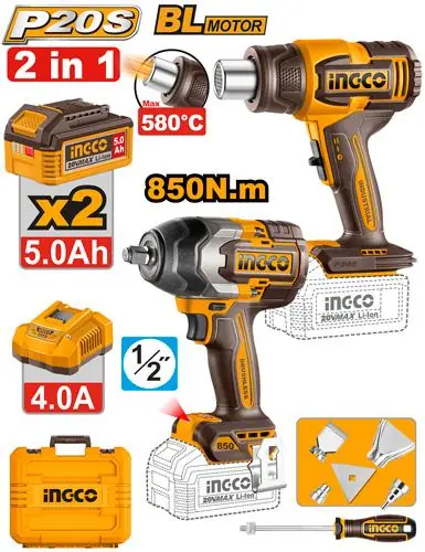 Brushless 1/2" Impact Wrench (CIWLI20851) & Heavy-Duty Industrial Heat Gun (HGLI2008) | 20V Cordless Combo Kit (COSLI260381) - Premium Dual-Tool P2OS Set | INGCO