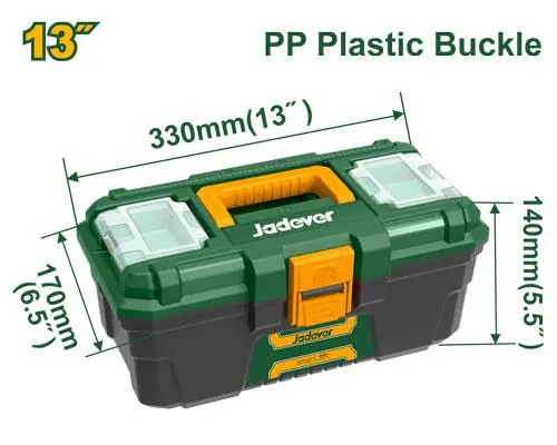 Professional 13" Plastic Tool Box (JDTB1313) – Heavy-Duty PP Storage Case with Removable Tray Lid Organizer Compartments & Measuring Scale (7kg Capacity) | JADEVER