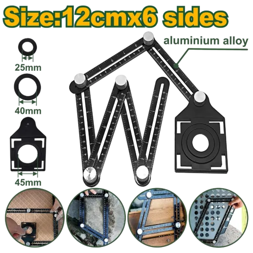Professional Six-Folding Multi-Angle Ruler (JDSR5601) – 12cm Aluminum Alloy Template Tool 25/40/45mm Tile Hole Drilling Locator & Positioner Guide | JADEVER