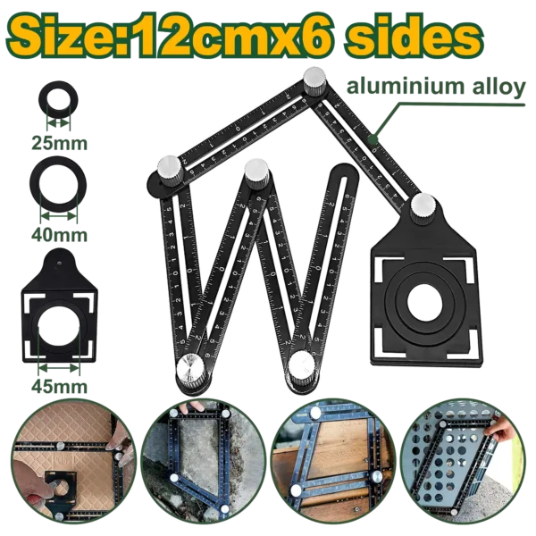 Professional Six-Folding Multi-Angle Ruler (JDSR5601) – 12cm Aluminum Alloy Template Tool 25/40/45mm Tile Hole Drilling Locator & Positioner Guide | JADEVER