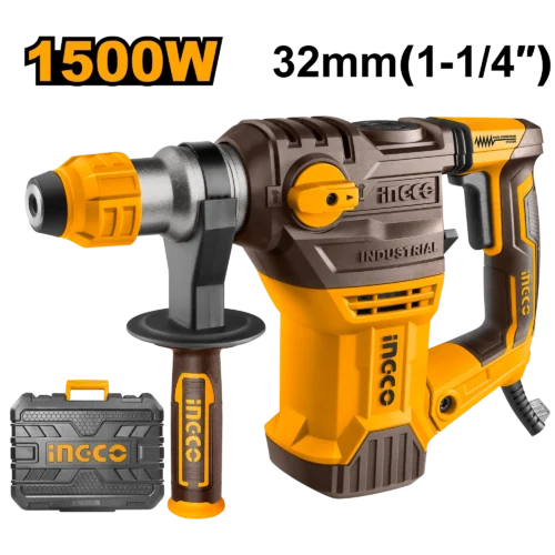 1500w-32mm-sds-plus-rotary-hammer-drill-rh150028-ingco 1500W 32mm SDS Plus Rotary Hammer Drill (RH150028) – High-Impact 5.5J Demolition Breaker & Concrete Chipping Gun Anti-Vibration System with 3 Drills & 2 Chisels in BMC | INGCO