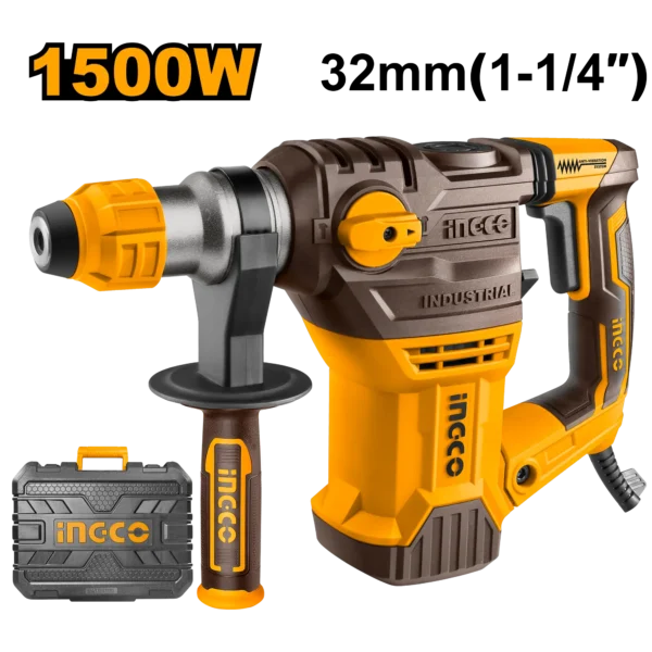 1500W 32mm SDS Plus Rotary Hammer Drill (RH150028) – High-Impact 5.5J Demolition Breaker & Concrete Chipping Gun Anti-Vibration System with 3 Drills & 2 Chisels in BMC | INGCO