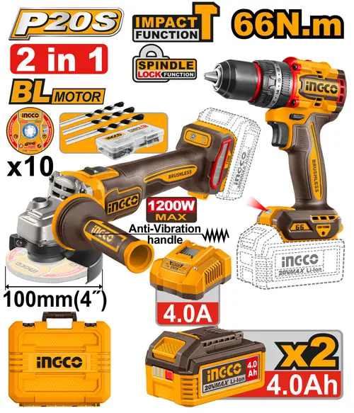 2-Piece Cordless Combo Kit (CKLI2025610) – 1200W 3-Speed Angle Grinder & 66Nm Metal Chuck Impact Drill Includes 2x 4.0Ah Batteries, Fast Charger, 10 Discs & 47 Accessories in Case | INGCO