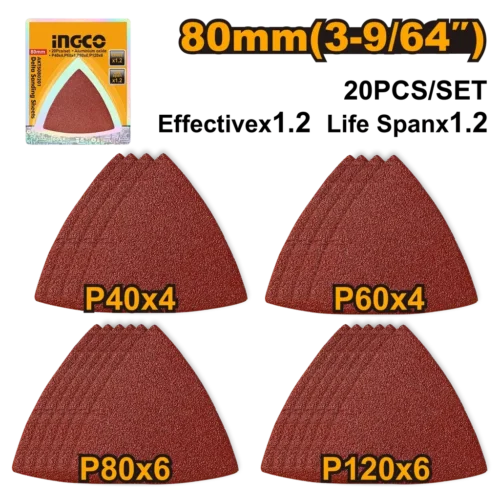 20-pcs-80mm-delta-sanding-sheets-set-akts080201-ingco 20 Pcs 80mm Delta Sanding Sheets Set (AKTS080201) – Premium Aluminum Oxide Triangular Discs (P40, P60, P80, P120) for Oscillating Multi-Tools | INGCO