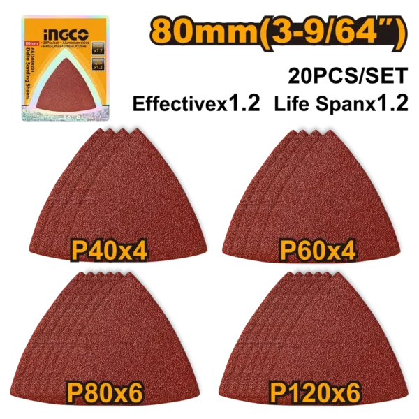 20 Pcs 80mm Delta Sanding Sheets Set (AKTS080201) – Premium Aluminum Oxide Triangular Discs (P40, P60, P80, P120) for Oscillating Multi-Tools | INGCO