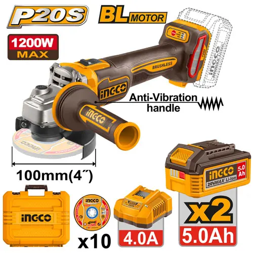20V Brushless 100mm Cordless Angle Grinder Kit (CAGLI2120232) – 1200W Equivalent 3-Speed (3,000-9,000 RPM) Includes 2x 5.0Ah Batteries, Fast Charger, 10 Discs & Heavy Case | INGCO