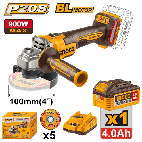 20V Brushless 100mm Cordless Angle Grinder Kit (CAGLI261021) – 900W Equivalent 3-Speed (3,000-9,000 RPM) Includes 4.0Ah Battery, Fast Charger & 5 Cutting Discs | INGCO