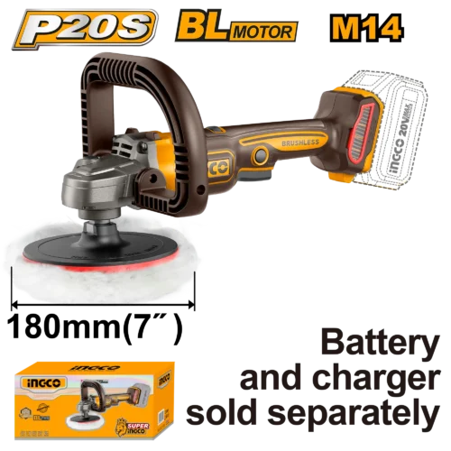 20V Brushless 180mm (7") Cordless Car Polisher (APLI2018) – Variable Speed (400-2,500 RPM) M14 Spindle with D-Handle, Pad & Bonnet (P20S Bare Tool) | INGCO
