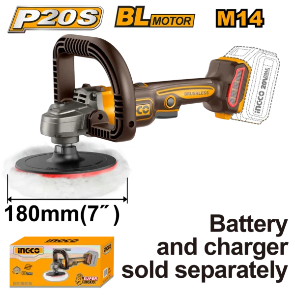 20v-brushless-180mm-7-inch-cordless-car-polisher-apli2018-ingco 20V Brushless 180mm (7") Cordless Car Polisher (APLI2018) – Variable Speed (400-2,500 RPM) M14 Spindle with D-Handle, Pad & Bonnet (P20S Bare Tool) | INGCO