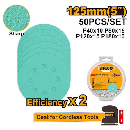 50-pcs-125mm-5-inch-random-orbital-sanding-sheet-set-akrs125050-ingco 50 Pcs 125mm (5") Random Orbital Sanding Sheet Set (AKRS125050) – Multi-Grit (P40, P80, P120, P180) Discs for Wood, Metal, Paint & Wall Prep | INGCO