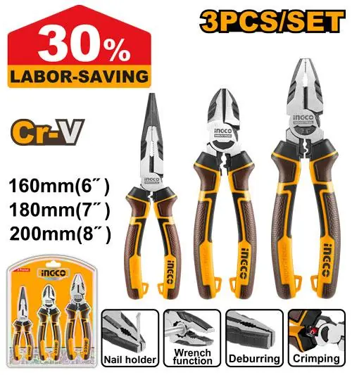 professional-3-pcs-high-leverage-pliers-set-hkhlps2831-ingco Professional 3 Pcs High-Leverage Pliers Set (HKHLPS2831) – 8" Combination, 7" Diagonal Cutter & 6" Long Nose CR-V Steel 30% Force-Saving Mechanics Pliers | INGCO