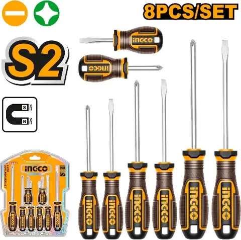 professional-8-pcs-screwdriver-set-hksds0828-ingco Professional 8 Pcs Screwdriver Set (HKSDS0828) – Industrial S2 Alloy Steel Round Shank (Slotted & Phillips) with Stubby & Long Drivers | INGCO