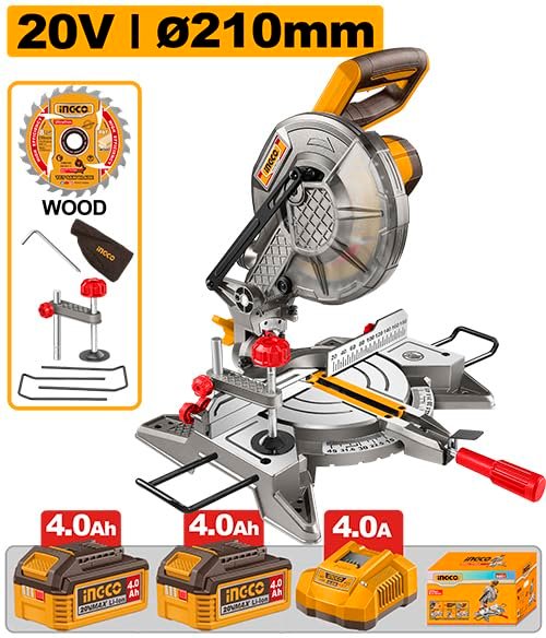 INGCO Cordless 20V Brushless 210mm Mitre Saw (CMSLI20212) – 4500 RPM, 120x60mm Cut, with 2x 4.0Ah Batteries, Charger & TCT Blade