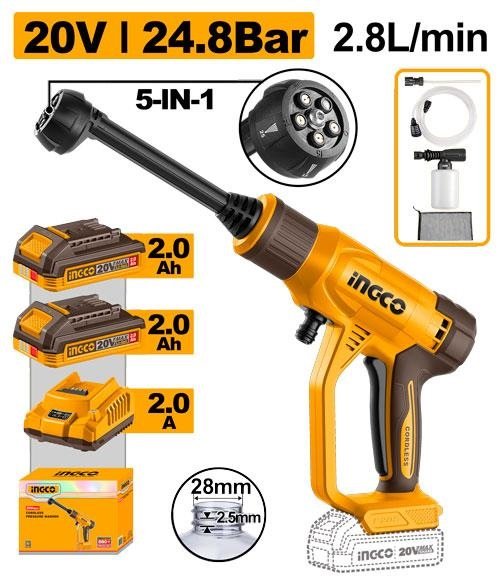 INGCO Cordless 20V Pressure Washer Kit (CPWLI20582) – Includes 2x 2.0Ah Batteries, Charger, 6m Hose, 5-in-1 Nozzle, Foam Bottle & Bag