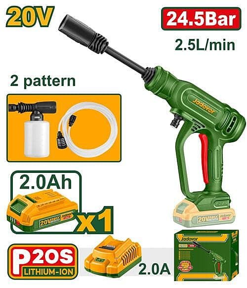 Jadever Cordless 20V High Pressure Washer (JDQX01203) – 24.5 Bar, 2.5 L/min with 2.0Ah Battery, Charger, Foam Producer and 3m Hose