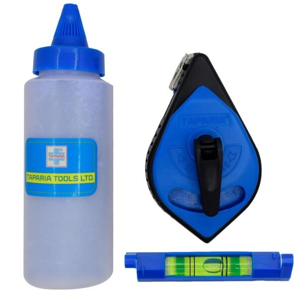 Taparia Chalk Line Reel Set (CLRS) (3) Taparia Chalk Line Reel Set (CLRS) – Quick Release Chalk Line, Blue Powder Container and Mini Line Level Indicator